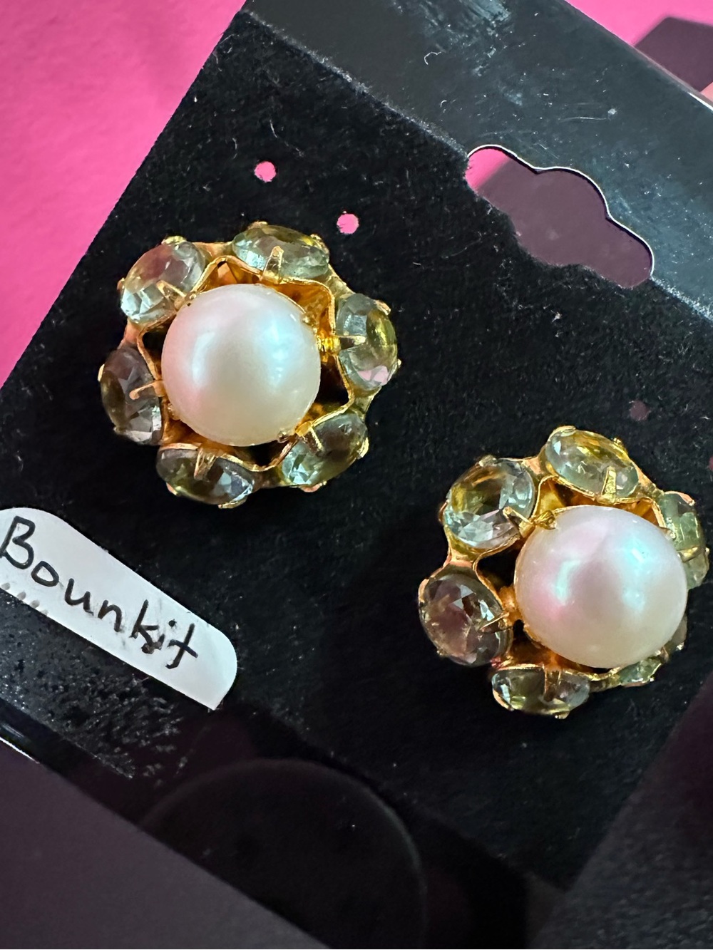 Bounkit Pearl & Gold Blue Crystal Cluster Stud Earrings